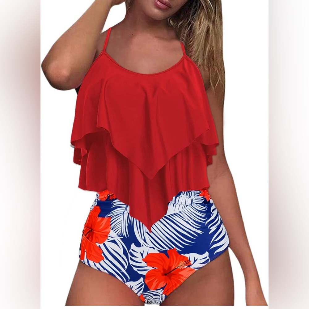 NWOT Swimsuit High Piece Bikini Ruffle Womens